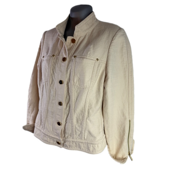 ETCETERA MOTO BUTTON DOWN JACKET SIZE 4 BEIGE LINEN BLEND TWILL EUC SKU0584 - Picture 3 of 8